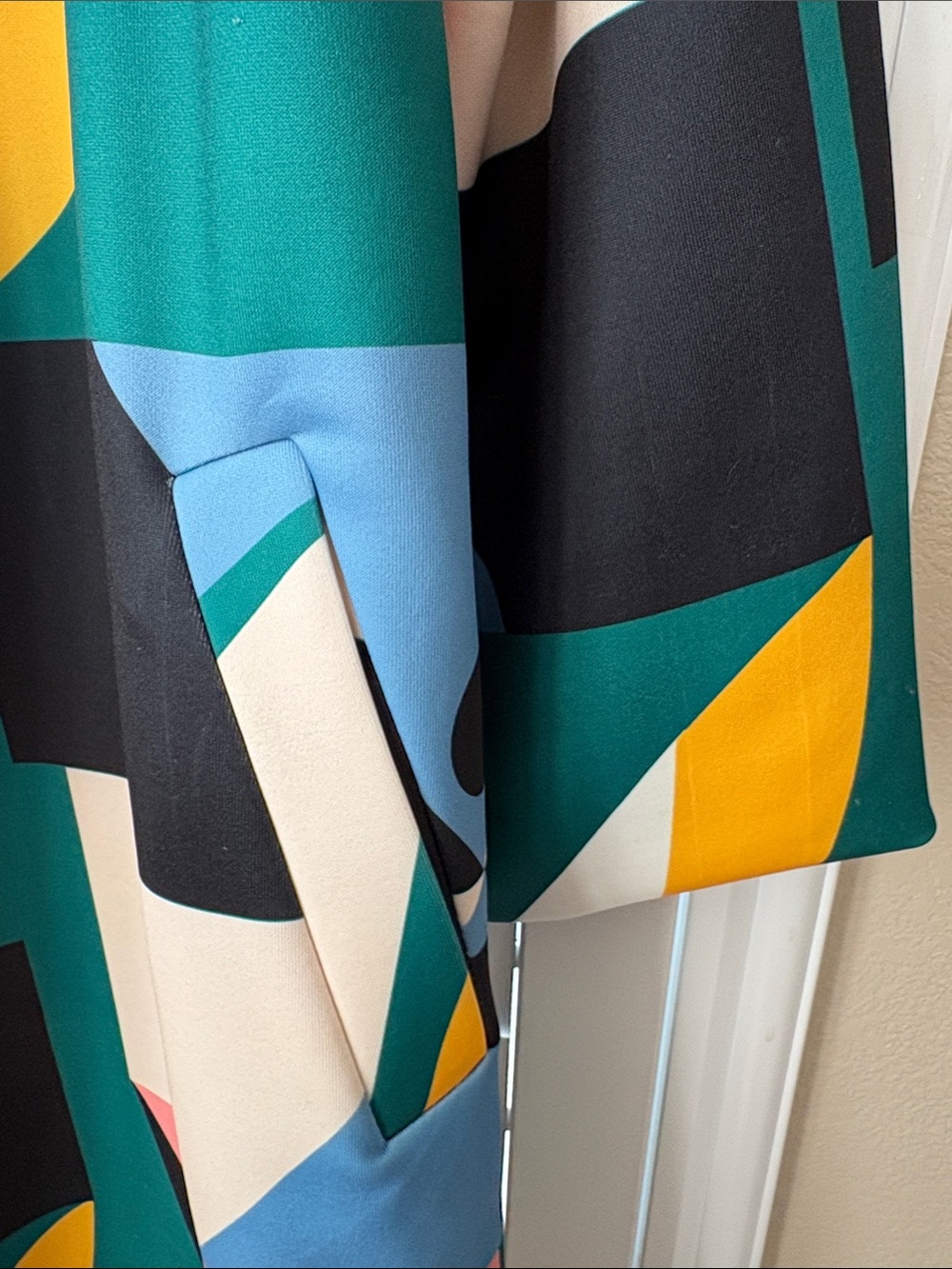 Women's Abstract Geo Trench Coat in Teal Multi - Contemporary Outerwear - Picture 3 of 5